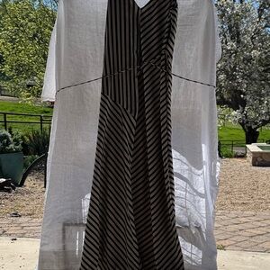 Black and Taupe Striped V-Neck Maxi Dress - Women